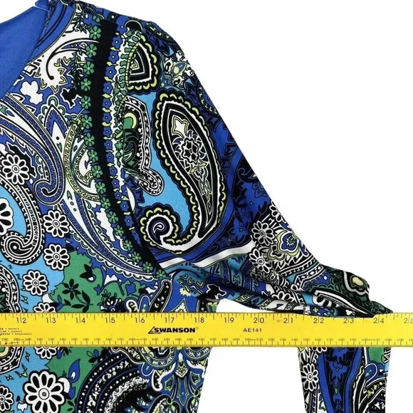 CHICOS 1 Medium Blue White Paisley 3/4 Sleeve Knit Bodycon Outdoor Shift Dress - Picture 11 of 16